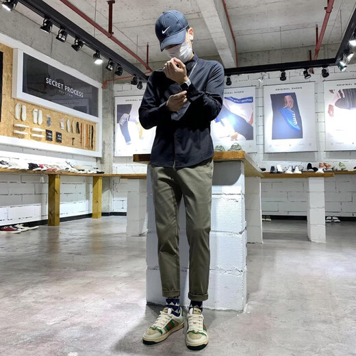休闲裤男宽松直筒工装裤九分裤工作外穿棉布长裤复古简约韩版 绿色 L