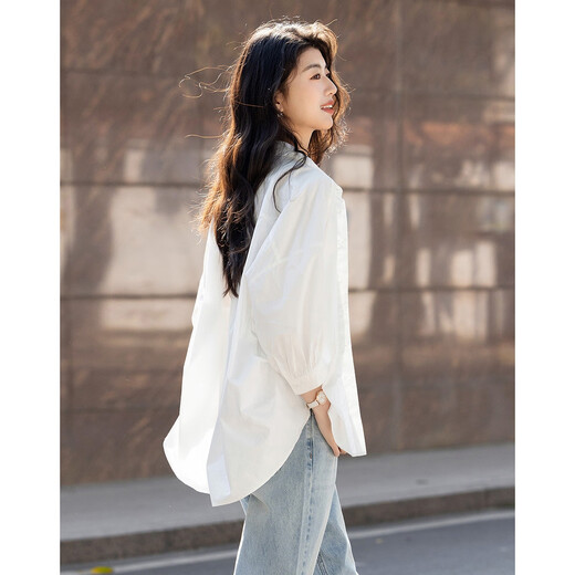 Demana pure cotton 100 white shirt, summer simple lapel, contrasting color buckle, five-quarter sleeve shirt, women's top