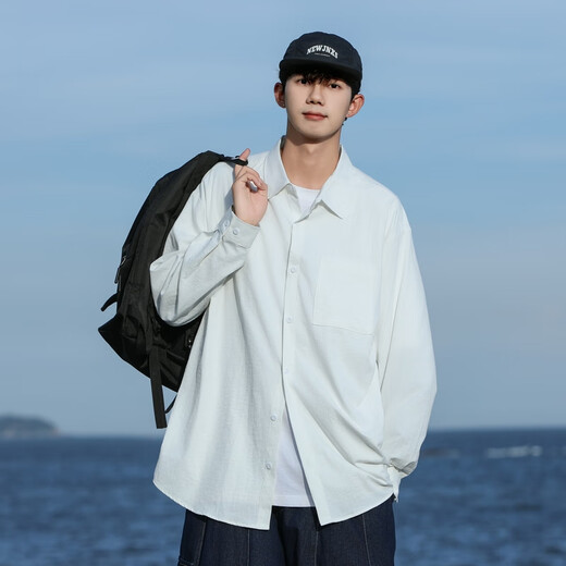 Dingfengbaoluo Japanese solid color simple long-sleeved shirt men's spring and autumn casual layered high-end lapel jacket DFC02 white 4XL