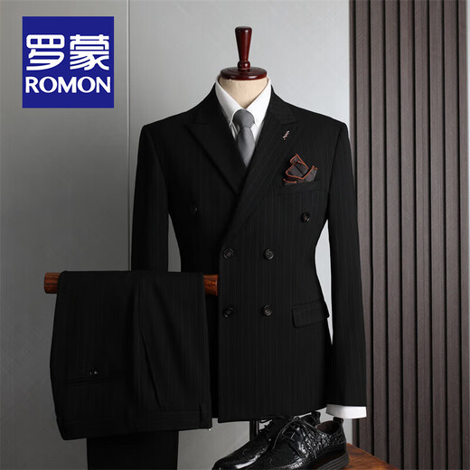 ROMON striped suit suit men's high-end double-breasted business casual small suit three-piece groom's wedding dress SJT9962 navy blue (suit + vest + pants) 2XL size