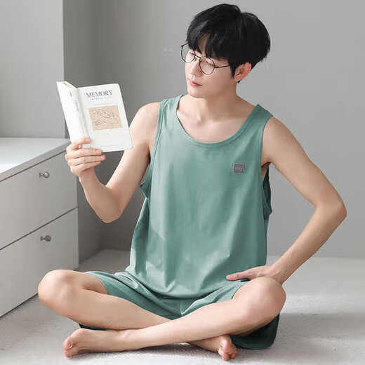 Le gilet masculin de pyjamas modal de Langsha pour les vêtements de maison décontractés de grande taille des jeunes d'été peut être porté sur les 2 shorts extérieurs 12027 L Recommandé 95-120jin [Jin est égal à 0,5 kg]