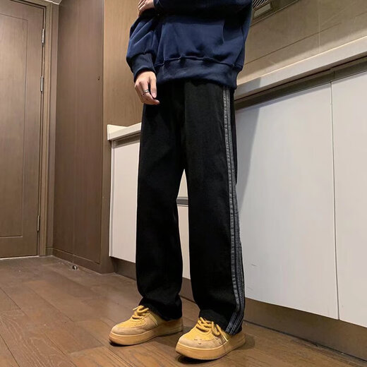 POUM American high street retro three-bar washable old jeans men's trendy brand loose casual versatile straight pants men CRB-1365 blue XL