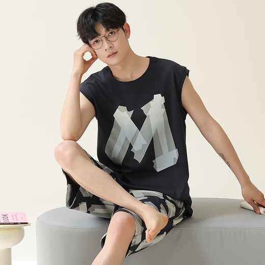 俊俊穗迪美（JUNJUNSUIDIMEI）男士睡衣夏季纯棉背心无袖薄款男款青少年学生大码夏天家居服套装 背心套装-GEY-723 2XL (高175-180 145-165斤)