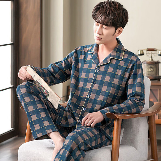Reine Baumwollsommer-Pyjama für Männer im Frühjahr und Herbst, langärmelte dünne, lose große Jugendhaus-Kleidung, Strickjacke Set 826 L (geeignet für 100-140 Jin [Jin ist 0,5 kg])