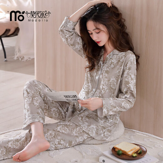 Modal Pyjamas für Frauen im Frühjahr und Herbst-Modedrucken Neue lose Langzeitkleidung C9215 Lila Braun-Flurm XL (Empfohlen 120-140jin [Jin ist gleich 0,5 kg])
