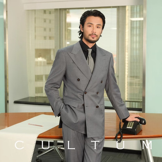 CULTUM high thread count, no ironing, machine washable, 70 wool business commuter suit, men's double-breasted suit jacket, pure black two-piece set 52 C