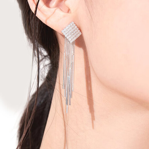 JiuChangShi 99 sterling silver earrings for women square rhombus shining tassel earrings temperament long birthday gift for girlfriend sparkling diamond rhombus earrings 99 pure silver
