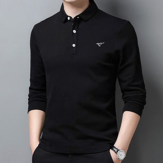 SEPTWOLVES 2025 spring long-sleeved T-shirt men's pure cotton polo shirt solid color young and middle-aged business casual loose large size bottoming black L 170/84A