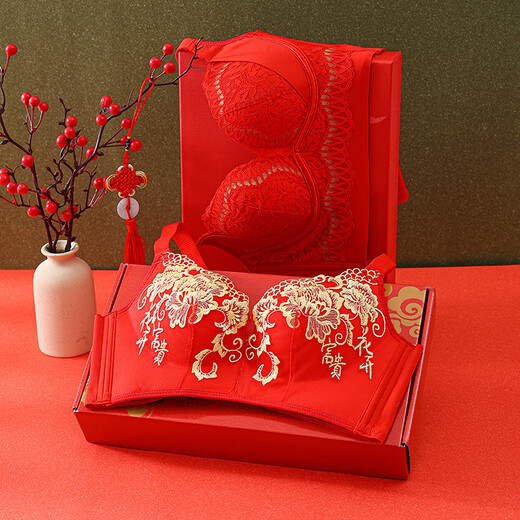 Catman big red zodiac year underwear women's small breasts gathered without steel rings Year of Snake Married Bride Sexy Bra Set 6624 Hongyun Gift Box Set 85C /38
