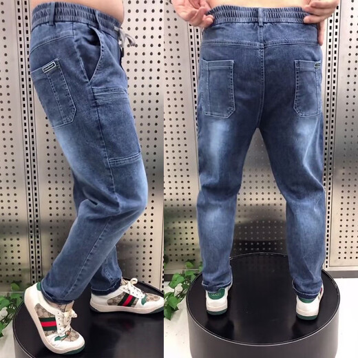 牛仔裤男春秋季休闲系绳青少年韩版潮流宽松直筒多口袋老爹九分裤 黑灰色-牛仔-A55 XL (115-130斤)