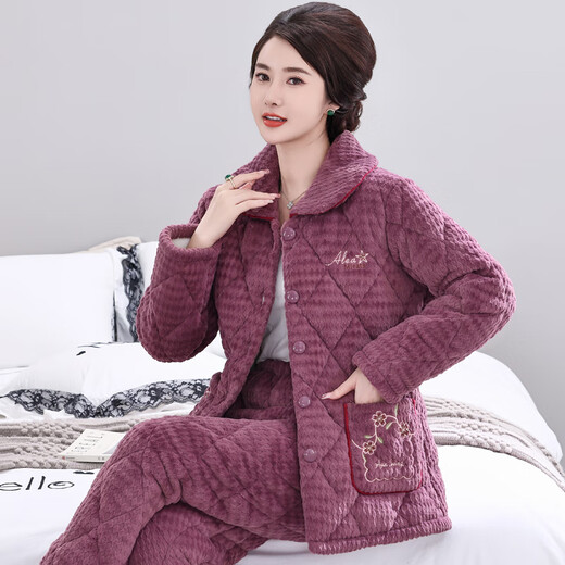 雯诗婷中老年睡衣女冬三层加厚夹棉家居服套装春秋保暖棉衣加棉加厚棉袄 YF1105粉色【牛奶绒加厚】 XL 【115-130斤】女士尺码