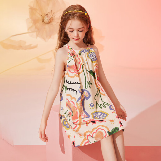 
ASK JUNIOR girls' dress summer big children's fun graffiti full print casual suspender princess dress color 140