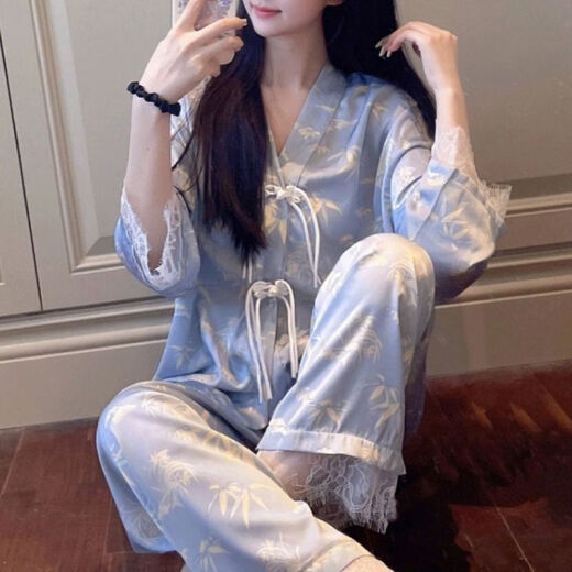 Modal ins style pajamas for women with button lace and long sleeves, spring and autumn style, new Chinese style printed home wear set HZX-8615 [high quality] XL [recommended 120-135 Jin [Jin equals 0.5 kg]]