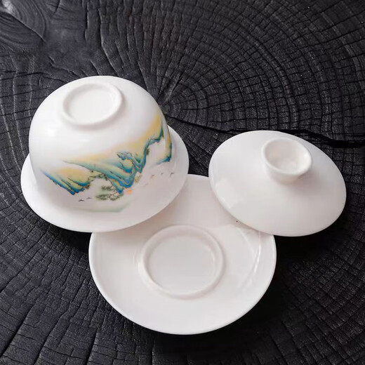 Suet-fat jade porcelain ceramic covered bowl single hover tea cup blue and white Kung Fu tea set lid suspended tea bowl