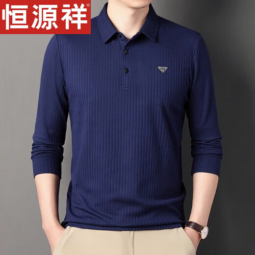 恒源祥翻领长袖T恤男士纯棉POLO打底衫春秋款中年宽松休闲爸爸装上衣 蓝色 SY679 S 165/84A