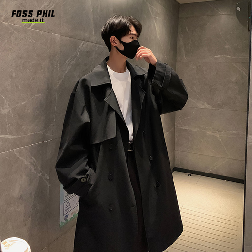 Foss Phil Mantel Herren Herbst und Winter trendige Marke koreanische lose mittellange Windjacke neue Herren DF275 schwarz XL