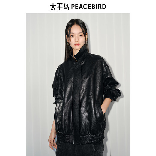 Peacebird Black Hand Rubbing Waxing Patskin PU Leather Set Women 2025 Spring New Fashion Loose jacket Black L 165