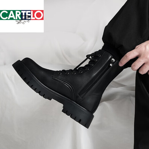 卡帝乐鳄鱼（CARTELO）英伦风ins黑色马丁靴男潮流春秋新款真皮工装机车靴韩版高帮靴子 黑色+内增高 41