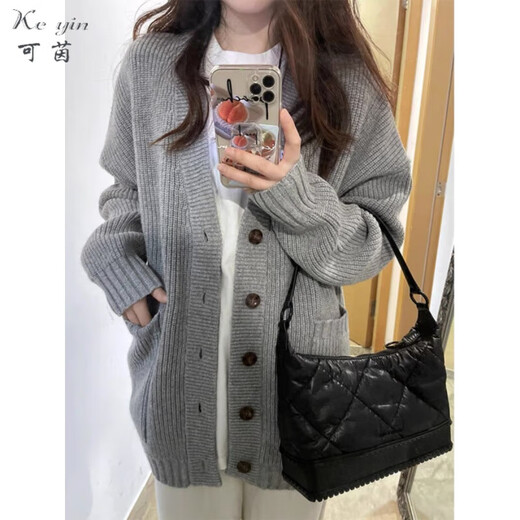 Keyin Casual Hosen Frauenanzug 2025 Frühling neuer Stil kleiner fauler Stil Strickpullover Weitbein Hosen 3882 grauer Pullover m