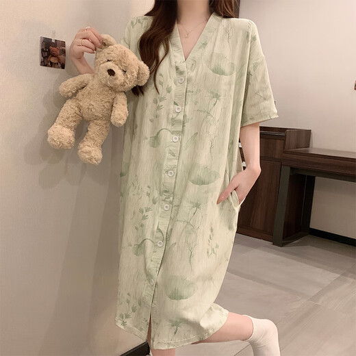 另约新中式睡裙女带胸垫夏季短袖复古风高级感睡衣连衣裙春秋款家居服 5155 绿色花朵 带胸垫 XXL
