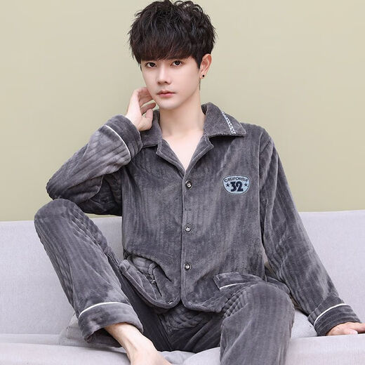 Pajamas en velours à haricots rouges pour hommes à manches longues pour hommes à manches longues épaissis et chaleur peut être porté sur la bande de verticale W extérieure 2201 Gray-Fleve Men L (100 ~ 125 Jin [Jin est égal à 0,5 kg]))