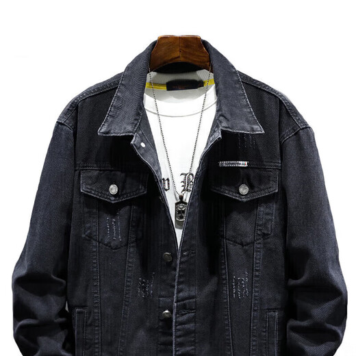 JEANSWEST Jacket Men's 2025 Autumn Denim Jacket Handsome Trendy Work Clothes Lapel Jacket Men's Black Gray XL