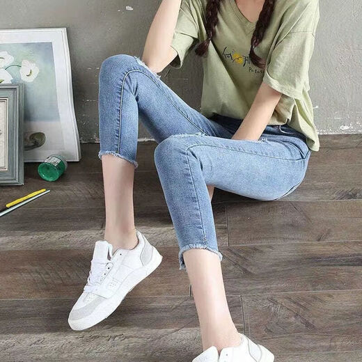 莫代尔2025春夏女装新款破洞小脚牛仔裤女八分韩版修身显瘦时尚 691浅蓝色七分 29 [2尺2]建议110-120斤