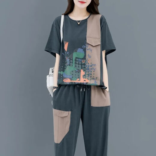 鸢诺中年妈妈装大码宽松显瘦运动服两件套夏季印花拼接短袖休闲套装女 838#绿色 L 【建议90-110斤】