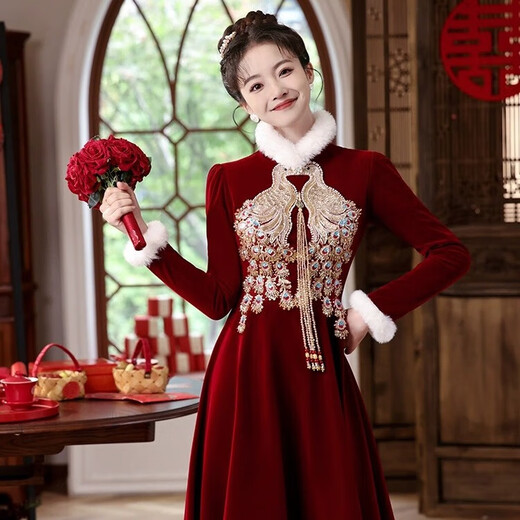 Li Baixin Chinese Cheongsam Toast Wear Bride 2025 Long Sleeve Red Out-of-Pavilion Wedding Return Engagement Dress Thickened Autumn and Winter Burgundy XXL Recommended 120-125 Jin Jin equals 0.5 kg