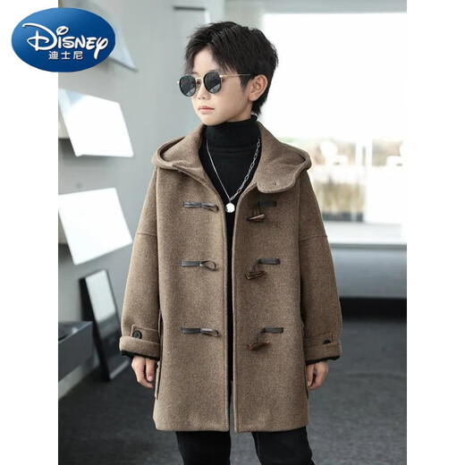 Disney (Disney) Boys' Woolen Coat 2024 Autumn and Winter New Children's Horn Button Woolen Coat Children's Clothing Top Mid-Length Loose Hooded Black 120 Recommended height is about 120cm