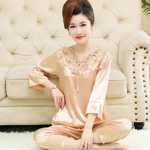 莫代尔冰丝睡衣女中老年夏季薄款短袖长裤妈妈睡衣纯色舒适轻奢家居服 H683豆沙女 2XL【120-135斤】