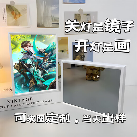 王者荣耀镜子灯光画书房小夜灯摆件卧室床头礼物三色氛围灯送闺蜜 15122 刘备 镜子白框16.5*21插电款