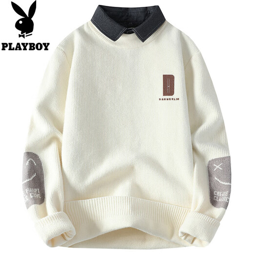 
Playboy (PLAYBOY) shirt collar sweater men autumn and winter style plus velvet thickened fake two-piece sweater men loose casual inner sweater M9901 m white M