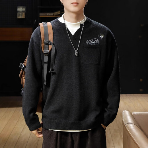 AEMAPE brand sweater men's 2025 early spring new trendy brand loose Henry collar embroidered sweater men's sweater top black L suitable for 125-145Jin Jin equals 0.5 kg