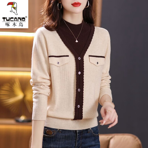 Woodpecker fake two-piece sheep sweater women's autumn and winter new half turtleneck slim sweater color matching versatile knitted bottoming top off-white S