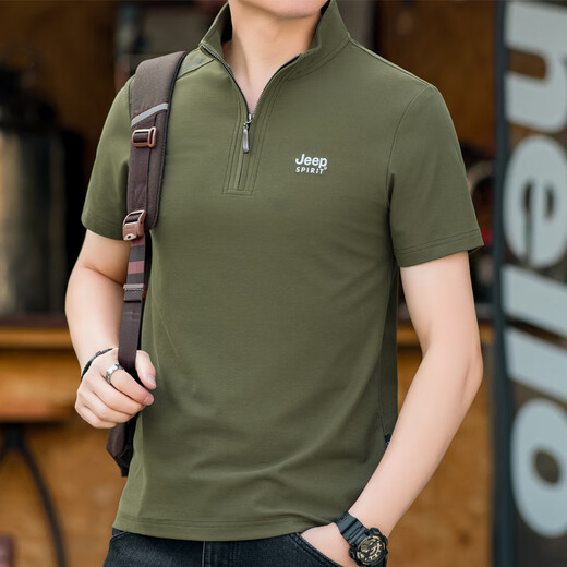 JEEP SPIRIT吉普休闲立领半拉链短袖t恤夏男士弹力半袖绣标棉质纯色透气体恤 军绿色 L 175/96A 建议130-145斤