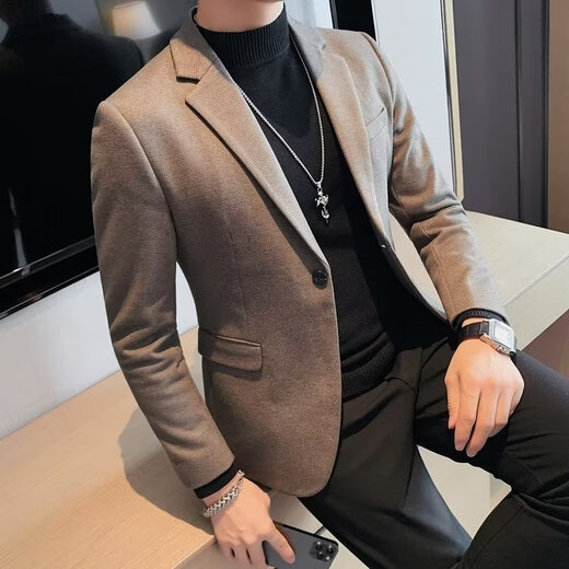 叄南休闲西装外套男士套装秋冬季高级感痞帅韩版修身毛呢小西服上衣厚 灰西服+灰西裤【两件套】 厚款 2XL