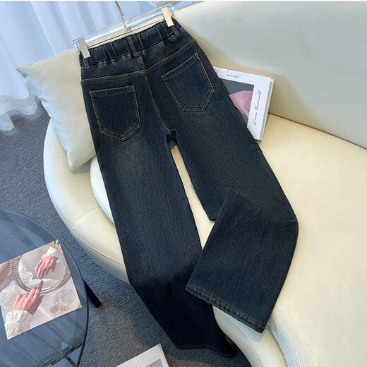 Zhang Fanyu elastic waist jeans for women in spring, autumn and winter 2024 new high-waist loose straight pants casual large size narrow wide-leg pants 1283 dark blue plus velvet thickened S 80-95