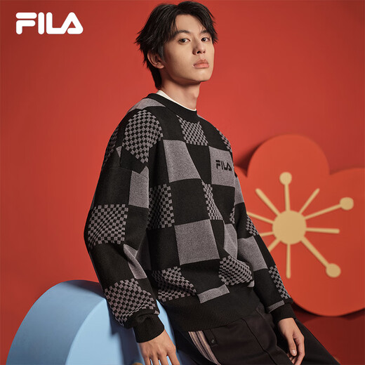 FILA official couple knitted sweater 2025 spring fashion casual loose plaid pullover sweater