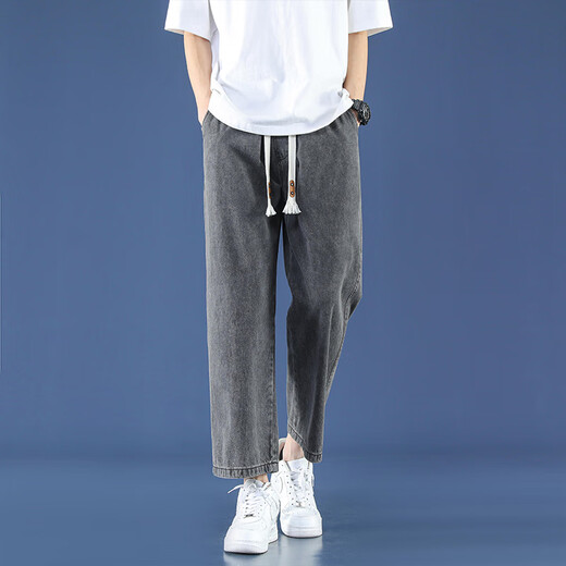 Foss Phil light blue jeans men's summer thin nine-point loose trendy sports and casual straight wide-leg pants Fashion brand 718-K829 dark gray 2XL [Recommended 160-175Jin [Jin equals 0.5 kg]]