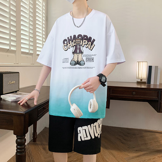 Bailedi T-shirt à manches courtes garçons 12-15 ans collégiens costume d'été 16 adolescents et enfants plus âgés vêtements d'été tendance et beau WY-6169 Lake Blue (manches courtes + short) 180 3XL (140-160Jin Jin équivaut à environ 0,5 kg)