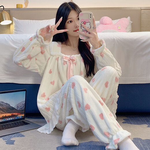 
Yalu pajamas for women in autumn and winter plus velvet thickened coral velvet long sleeves warm and sweet flannel home clothing set LL-679 M [75-100Jin [Jin equals 0.5 kg]]