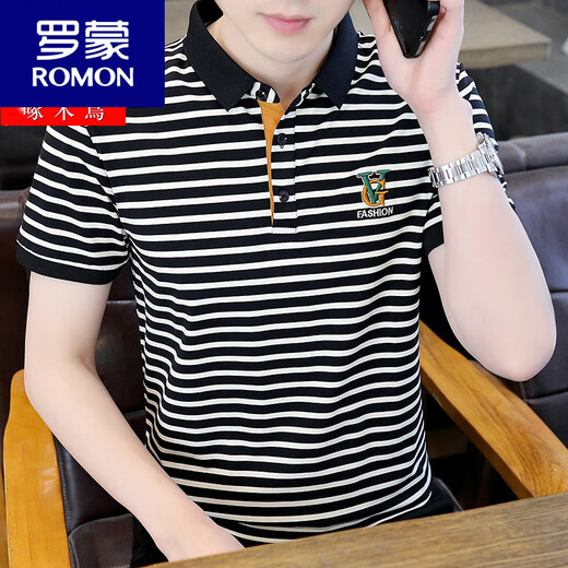 ROMON short-sleeved T-shirt for men's summer ice silk polo shirt striped embroidered lapel t-shirt breathable half-sleeved top 6626 gray M [80-100Jin [Jin equals 0.5 kg]]