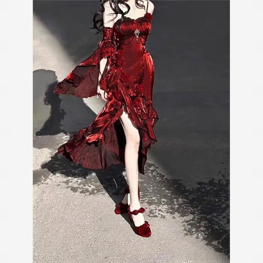 Flashing Girl (SHANDONGSHAONV) Lolita lolita Spring and Autumn Red Rose Dress Mermaid Skirt Elegant Goddess Royal Sister Ceremony Dress Birthday Skirt Mermaid Skirt S