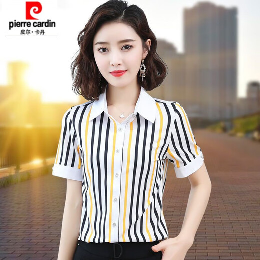 皮尔卡丹短袖竖条纹衬衫女2025夏季新款韩版百搭气质衬衣洋气小衫上衣 HGH6198黑色短袖 XL 【建议115-125斤】