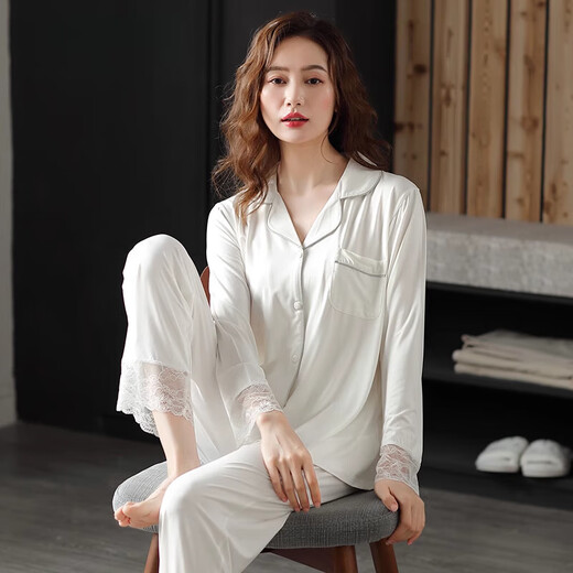 莫代尔睡衣女春秋季莫代尔棉长袖夏季薄款加大码开衫棉绸两件家居服套装 M6624沙杏 XL码(建议120-140斤)