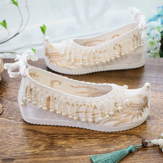 Ode to Marylin Xiuhe Shoes Wedding Shoes Women's Cloth Shoes Han and Tang Han Clothing Shoes Women's Ming Beaded Embroidered Shoes Spring Soft Sole Bridal Shoes Inner Increased Tassel Phoenix White 35