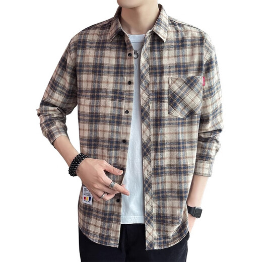 真维斯（Jeanswest）格子衬衫男款春秋季2025新款潮牌美式长袖衬衣男士上衣加绒外套男 米蓝格 2XL