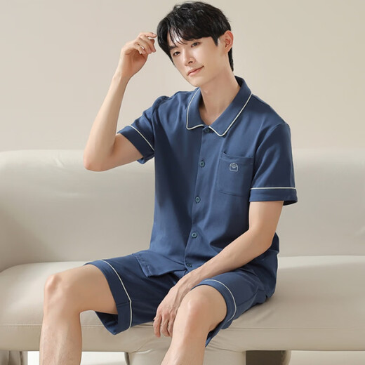 莫代尔7A抗菌男士睡衣男100%纯棉夏季短袖短裤新款青年可外穿家居服夏天 09M12801 2XL