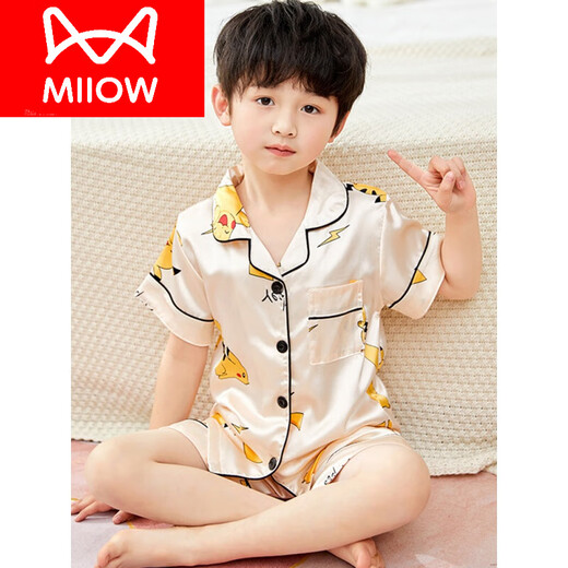 Cat Man (Miiow) Kindereisempfindungs ​​Junge dünner Sommer Kurzarm Junge Seidenpyjamas Frauen Seiden Sommer Baby Klima